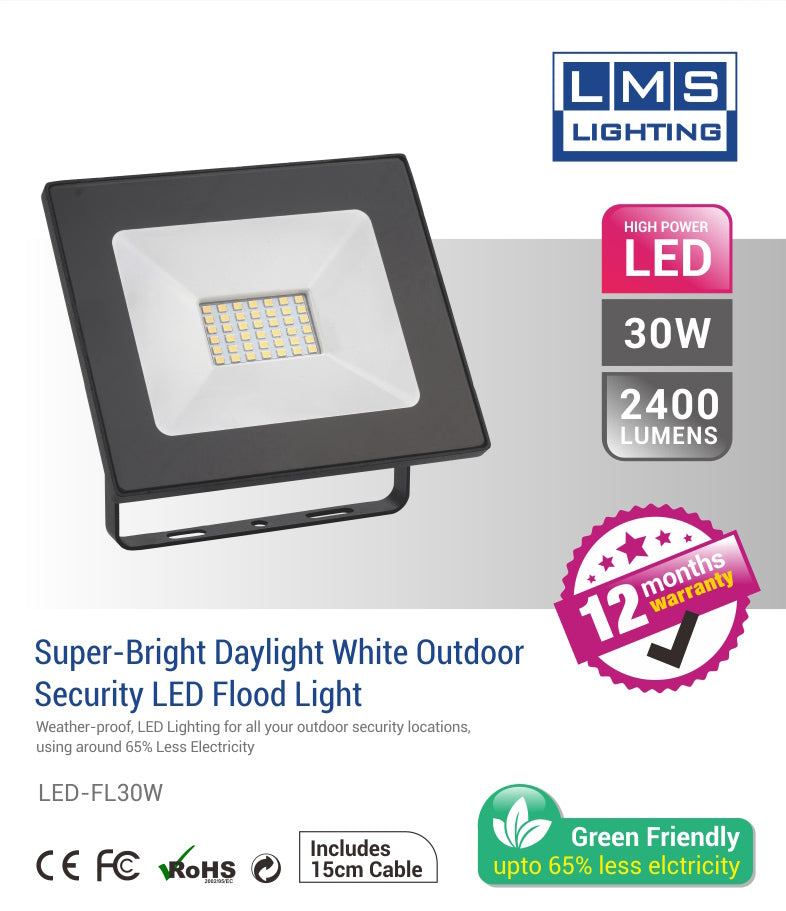 30W LED Flood Light - 2400LM / Lumens (IP65) 2835 - Netbit UK