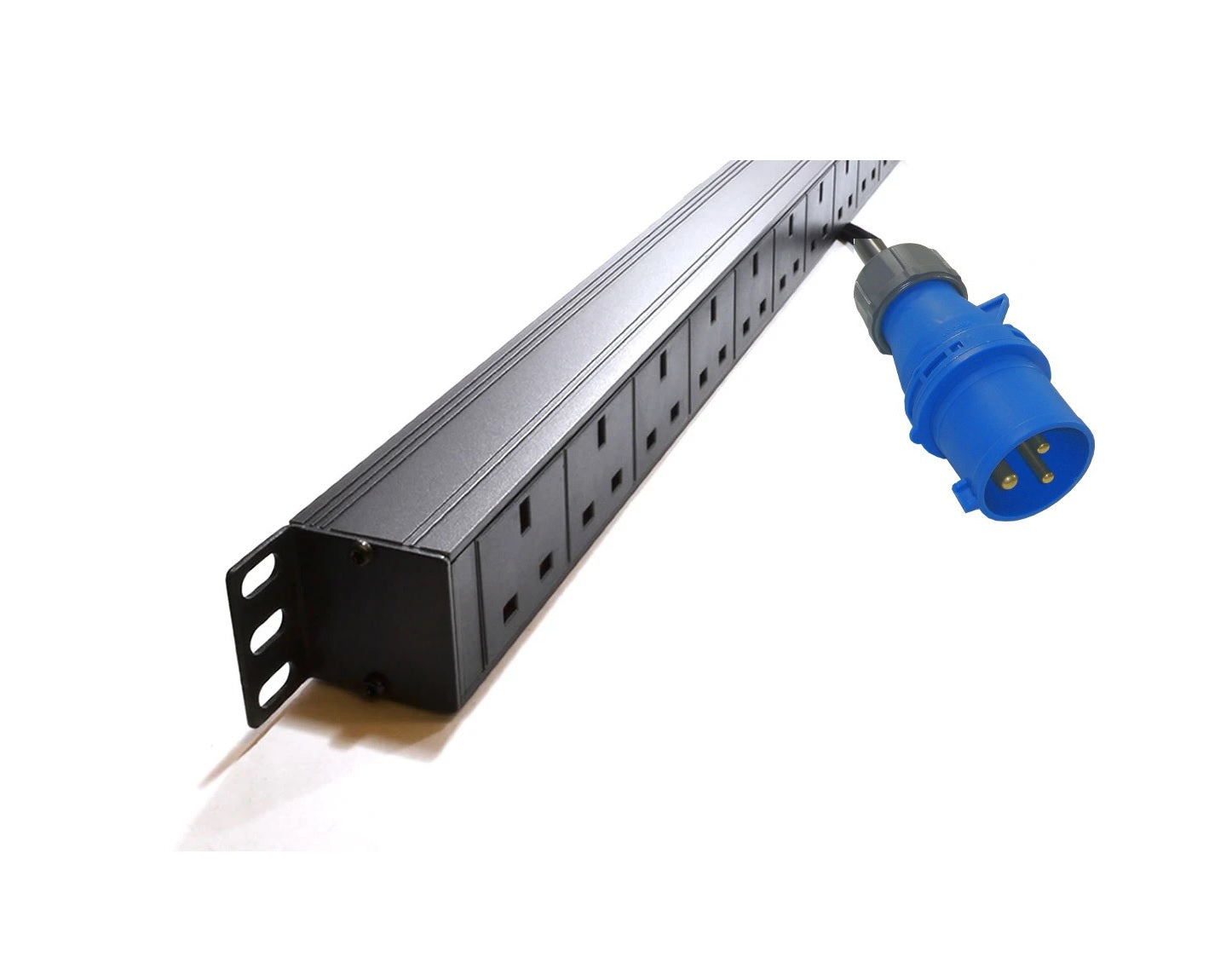 Partial length slanting front view of a 1U 19" 10 Way Switched Vertical 13A UK Sockets to 16A Commando Plug rack PDU showing its left mounting bracket ,few UK sockets, and it Commando plug in close-up.