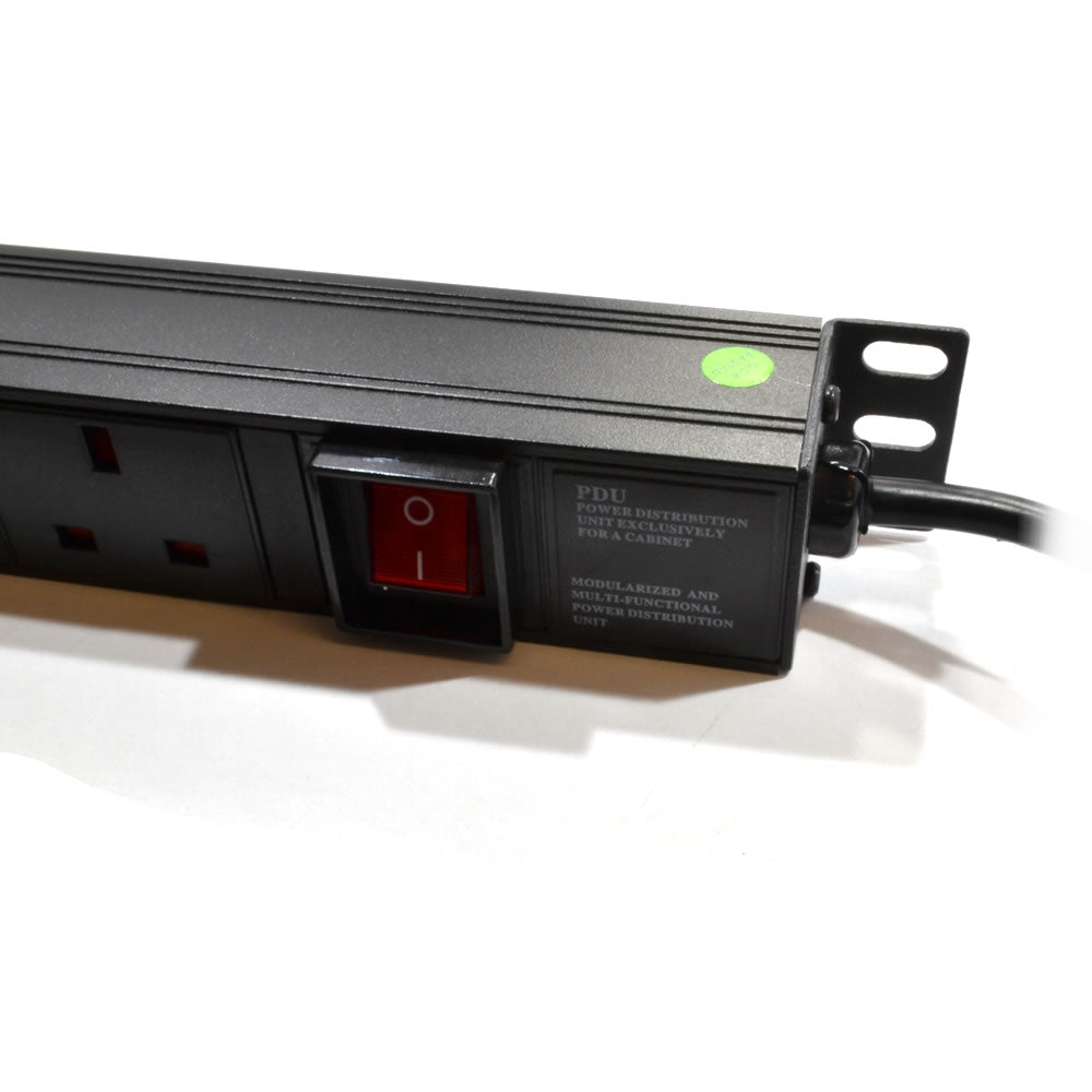 Power switch and lright mounting bracket of a 1U 19" 10 Way Switched Vertical 13A UK Sockets to 16A Commando Plug Rack PDU in close-up view.