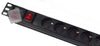 Top view of a 1U 19" 10 Way Vertical Switched 16A Schuko Sockets to Schuko Plug Rack PDU showing its uncovered neon red input switch.