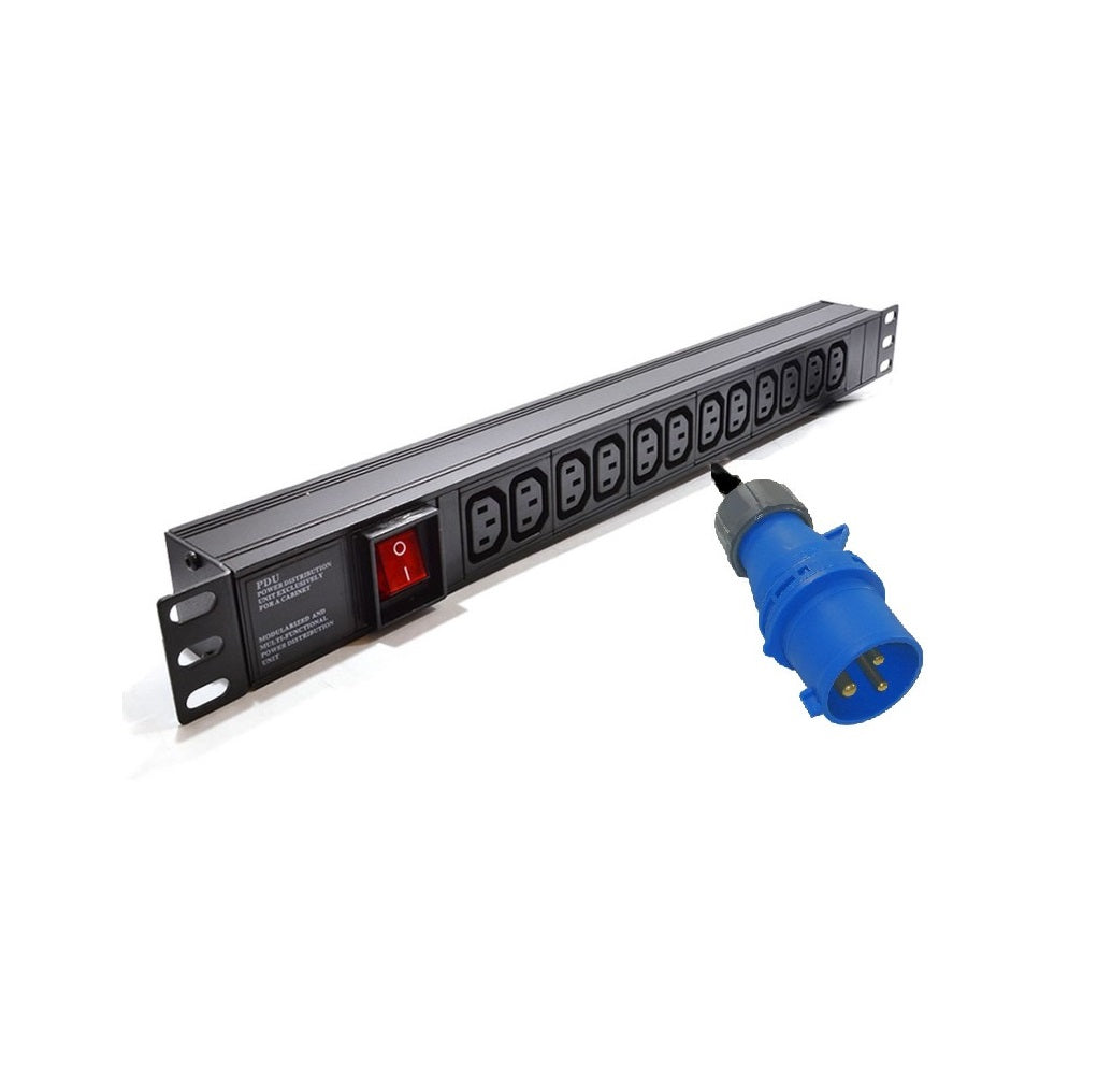 Full length slanting front view of a 1U 19" 12 Way Horizontal Switched 10A IEC13 to 16AMP Commando Plug Rack PDU.