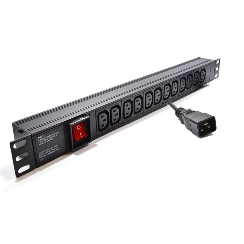 Full length slanting front view of a 1U 19" 12-Way Horizontal Switched 10A IEC13 Socket to IEC20 Plug RackPDU.