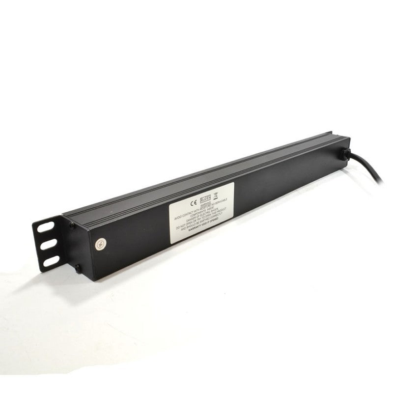 Full length slanting rear view of a 1U 19" 12-Way Horizontal Switched 10A IEC13 Socket to IEC20 Plug Rack PDU.