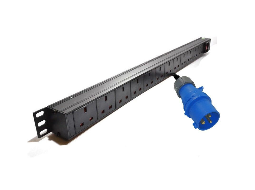 Full length slanting front view of a 1U 19" 12-Way Switched Vertical 13A UK Sockets to 16A Commando Plug Rack PDU.