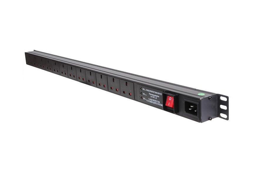 Full length slanting front view of a 1U 19" 12 Way Vertical Switched UK 13A Sockets & C20 Inlet Rack PDU with Surge Protection.