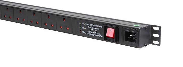 Slanting  partial right  front view of a 1U 19" 12 Way Vertical Switched UK 13A Sockets & C20 Inlet Rack PDU with Surge Protection.