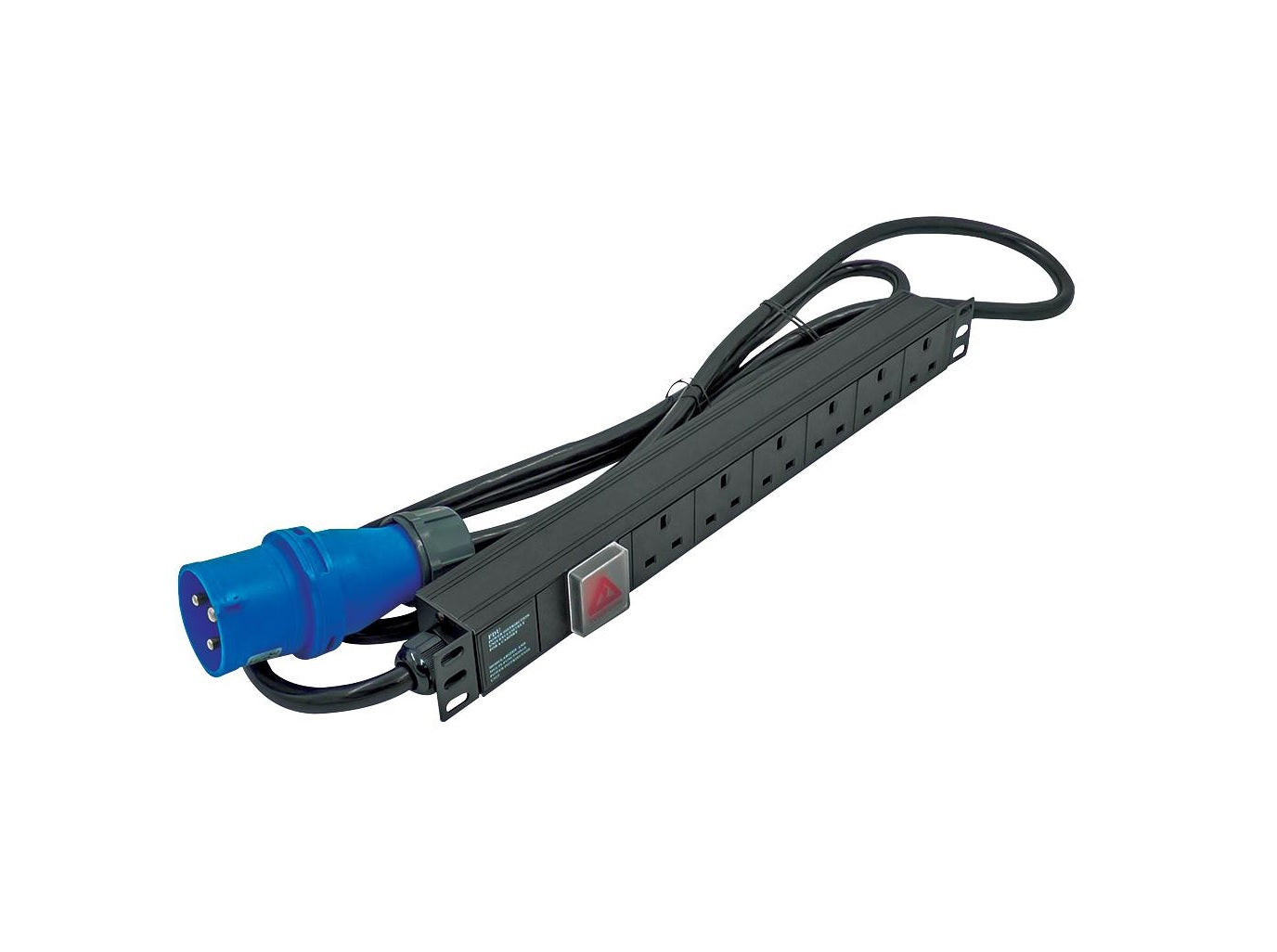 Full length slanting view of a 1U 19" 6 Way Switched Horizontal UK 13A Sockets to 16A Commando Plug Rack PDU. Also shown is the power cord and plug.