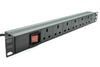 A 1U 19-inch Rack PDU with Neon red on/off power switch for assured control and 6-way Horizontal UK Socket outputs  and a UK Plug main input.