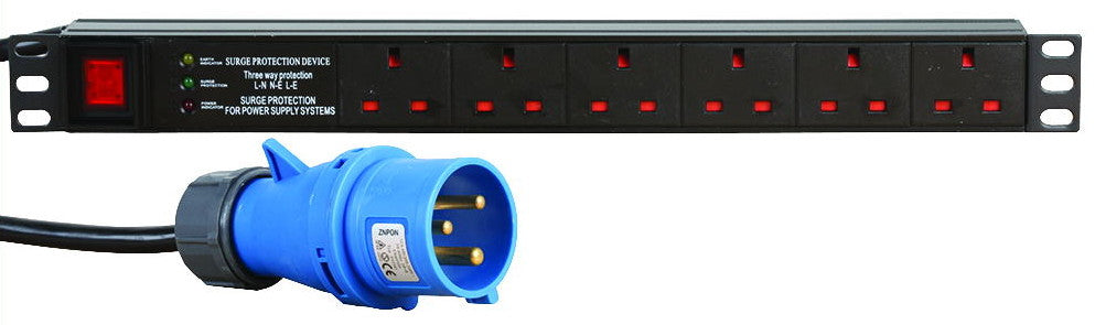 Full length front view of a 1U 19" 6 Way Switched Horizontal UK 13A Sockets to 16A Commando Plug Rack PDU / Power Bar with Surge Protection.