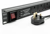 A 1U 19-inch Rack PDU with Neon red on/off power switch for assured control and surge-protected 6-way Horizontal UK Socket outputs  and a UK Plug main input.