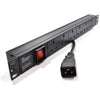 A 1U 6-Way UK Sockets horizontal-mount Rack PDU shown with close view of left mounting bracket and neon red power switch and IEC20 input plug.