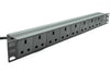 Full length slanting front view of a 1U 19" 8 Way Horizontal Unswitched UK 13A Sockets to IEC14 Plug Rack PDU.