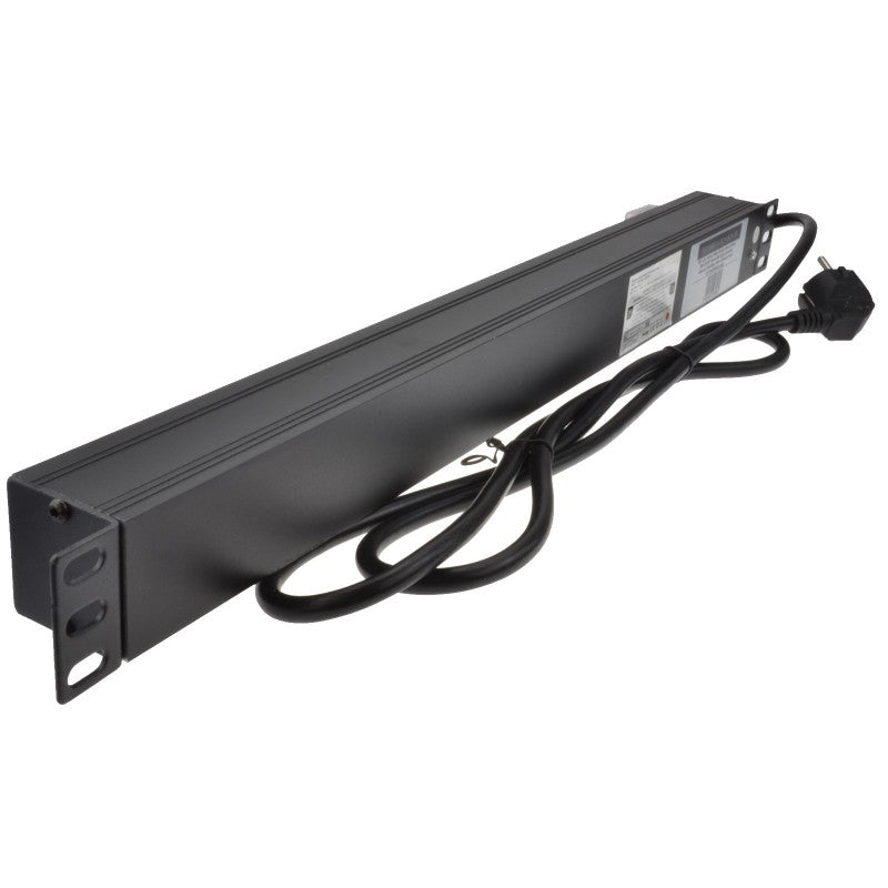 Full length slanting back part of a 1U 19" 8 Way Vertical Switched 16A Schuko Sockets to Schuko Plug PDU with Surge Protection.