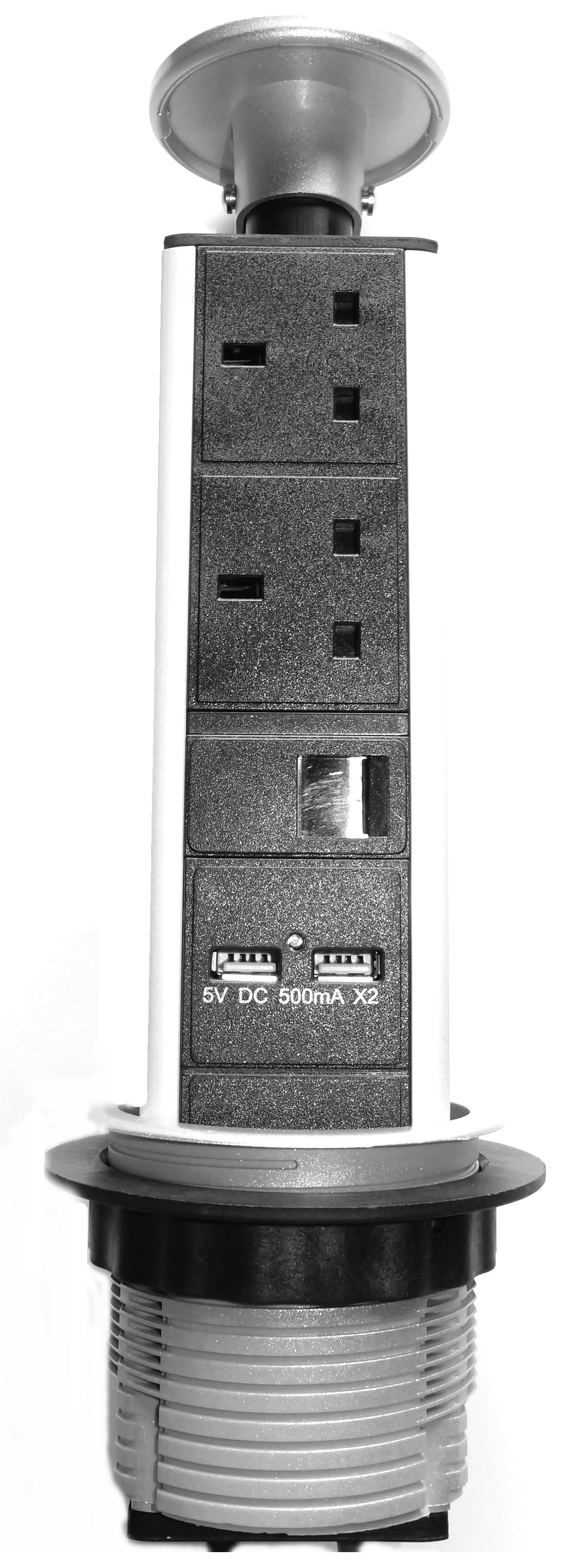 Standing front view of a Desktop PDU - Table Pop-Up - 2x 13A UK + 2x USB + 1x RJ45 - Netbit UK