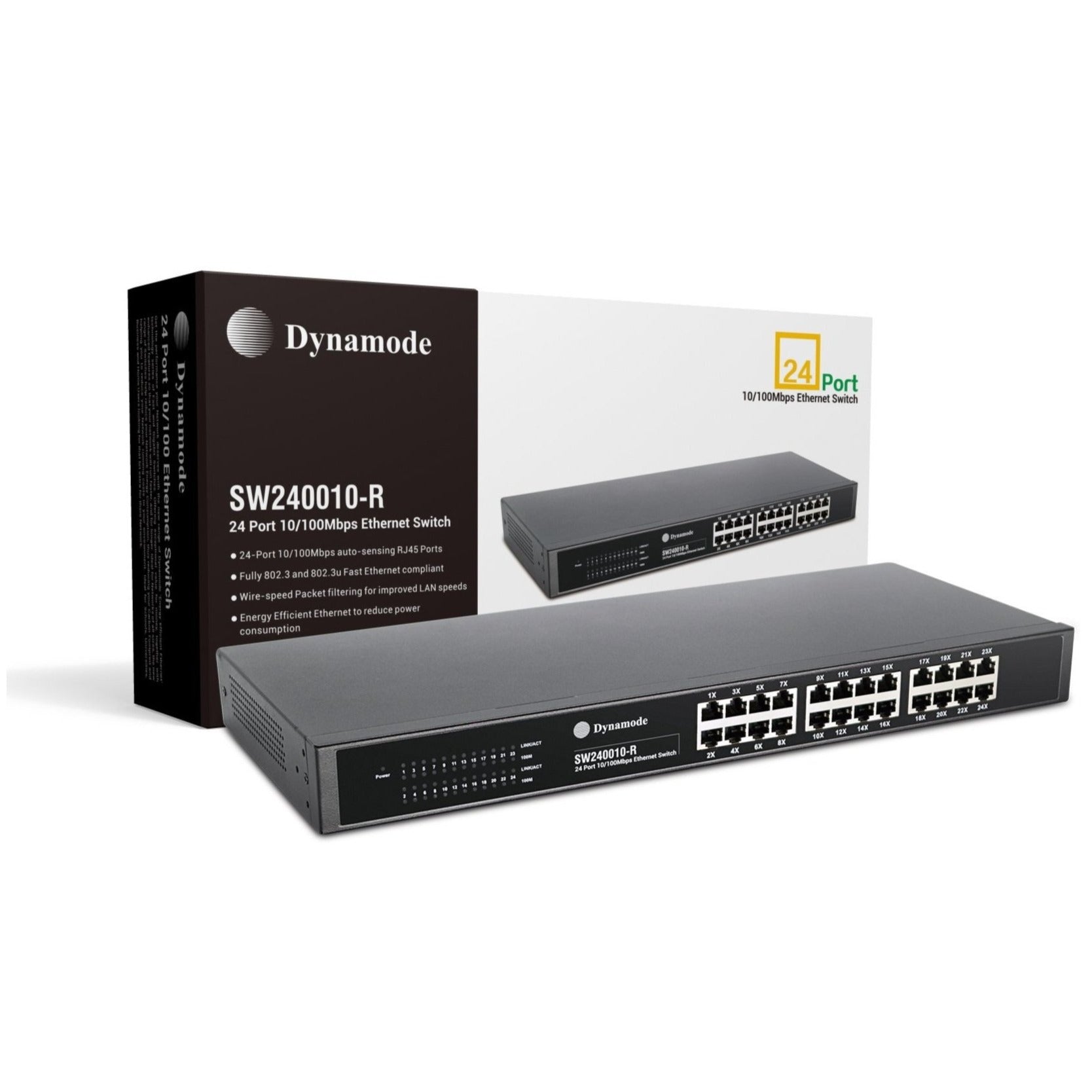 24-Port 10/100 Mbps Fast Network Ethernet Switch (rackmount) shown with box packaging.