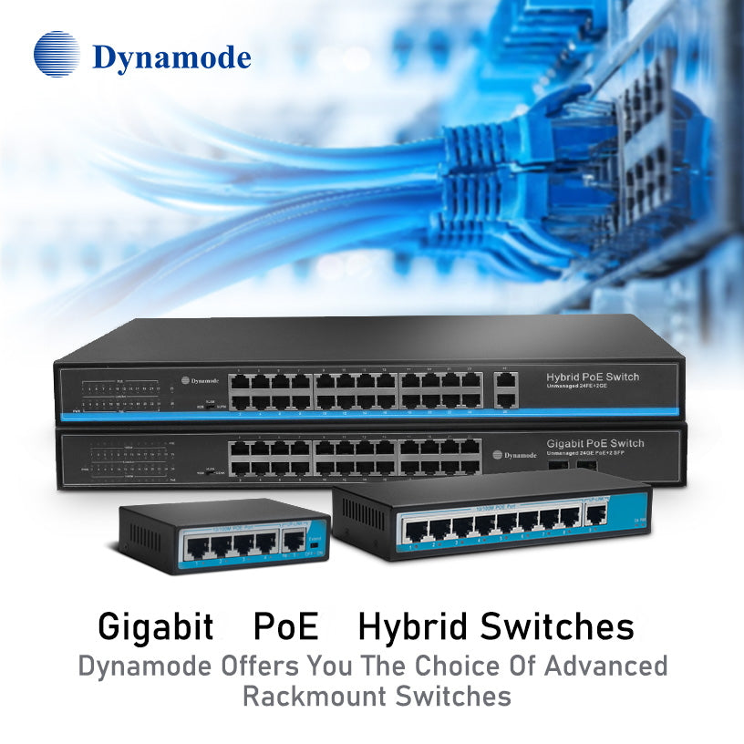 Dynamode's Gigabit, Poe Network Switch, and Hybrid Switch rackmounted product range.