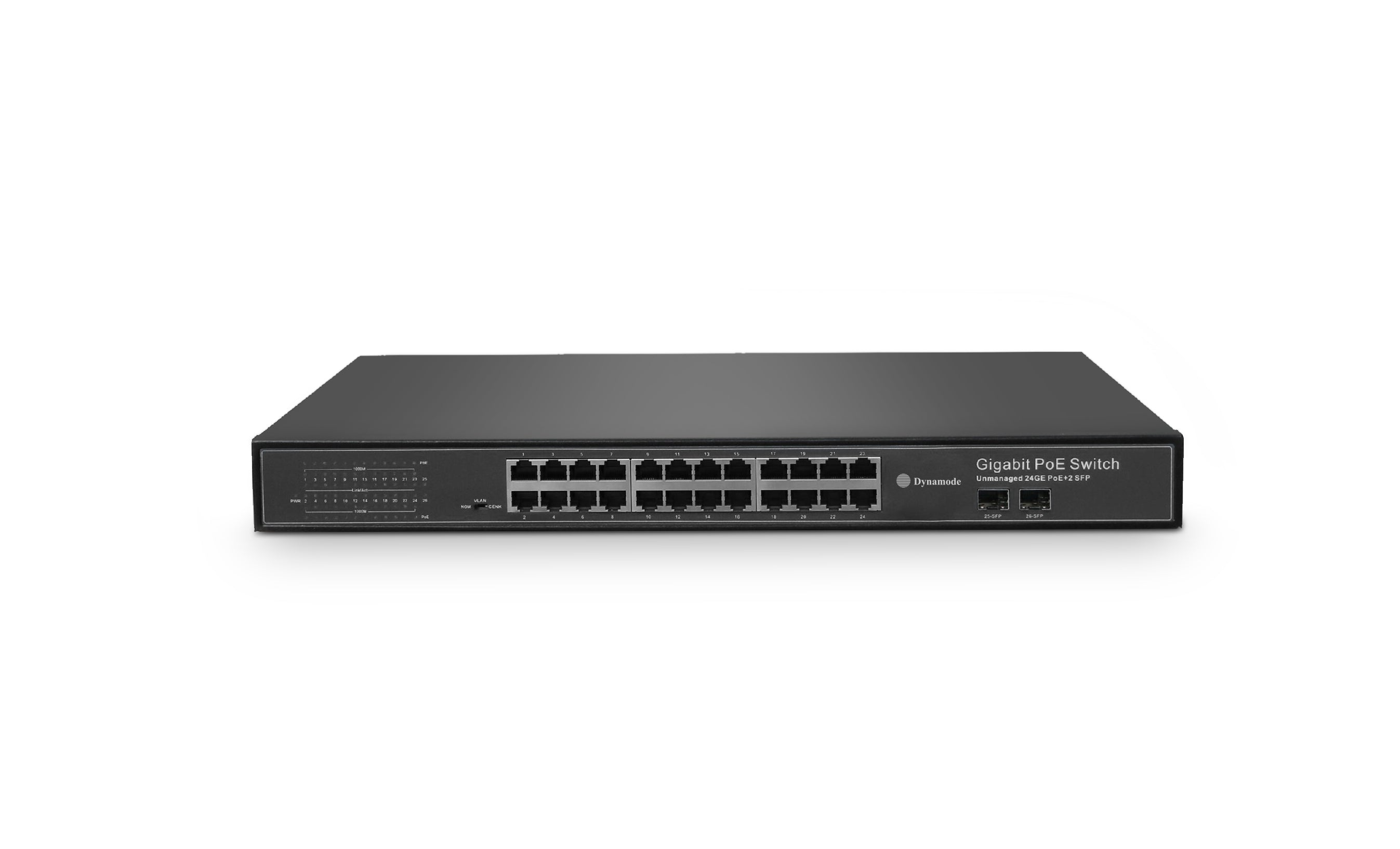 Front view of a 24-Port 10/100/1000 Mbps Gigabit 1U Rackmount PoE Ethernet Switch with 2 SFP Uplinks - Netbit UK