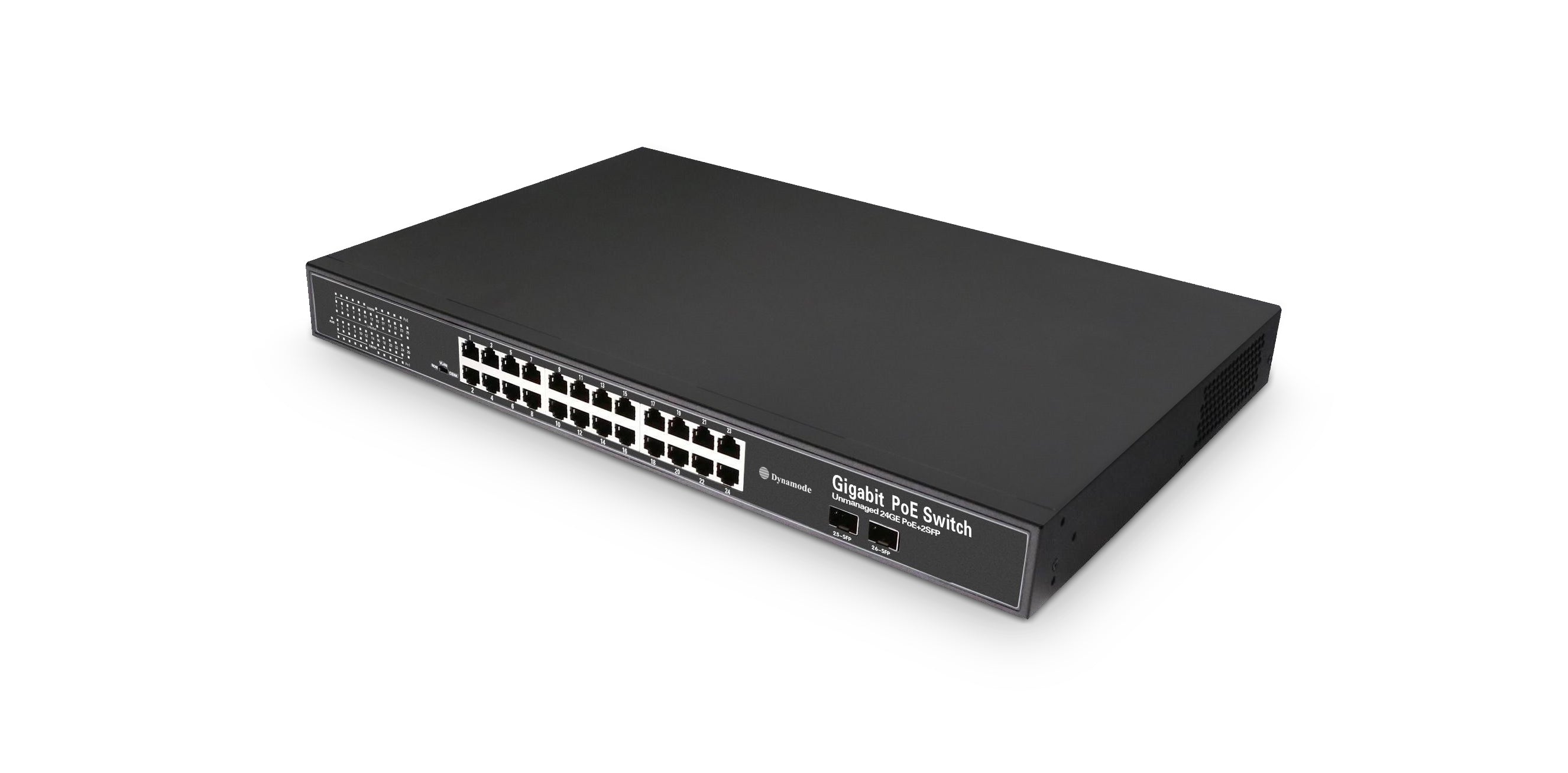 Isometric front view of a 24-Port 10/100/1000 Mbps Gigabit 1U Rackmount PoE Ethernet Switch with 2 SFP Uplinks - Netbit UK