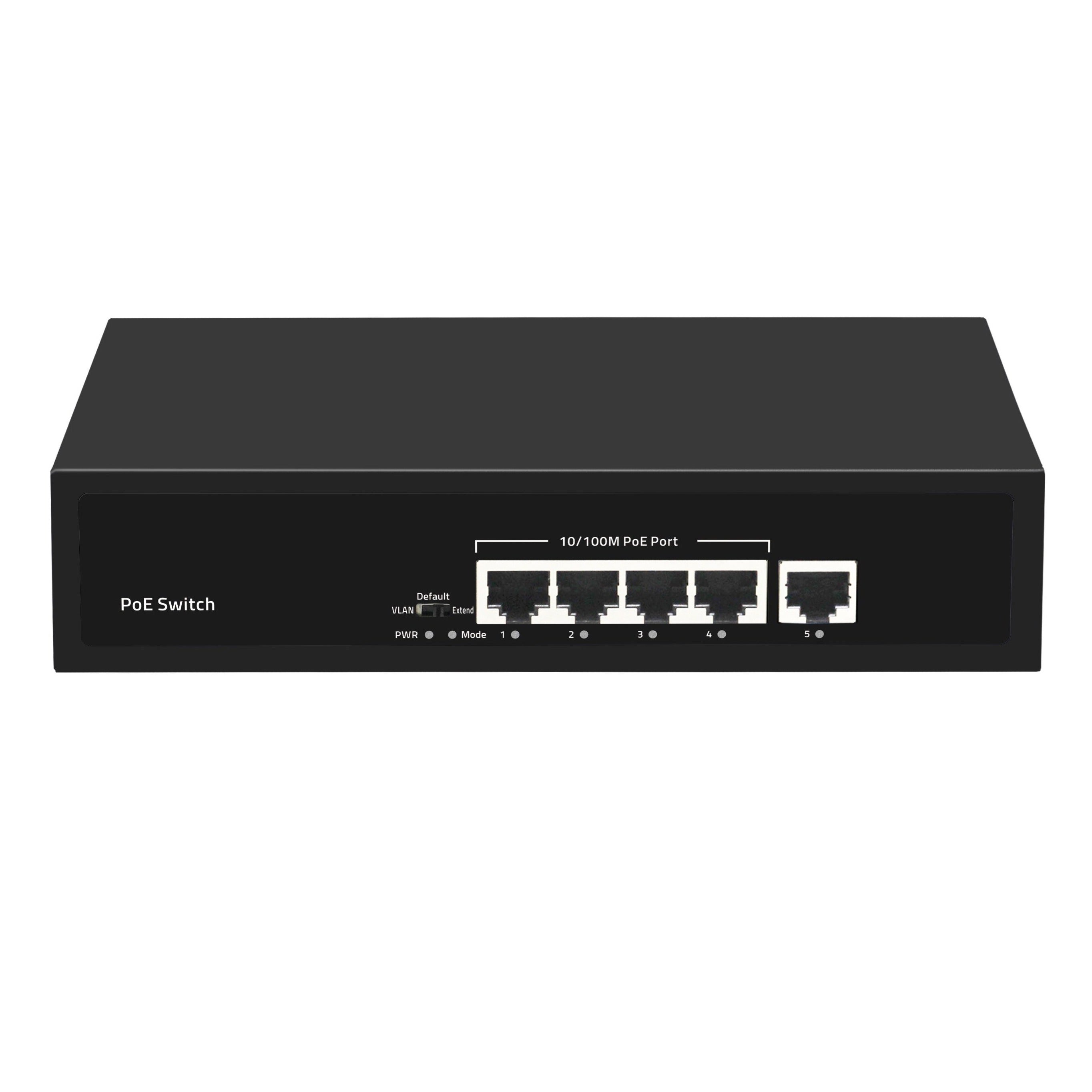 4-Port 10/100 Mbps Fast Ethernet PoE Switch (Desktop or wall-mounted) showing its 4 ethernet with 1 Uplink port and its LED indicators.