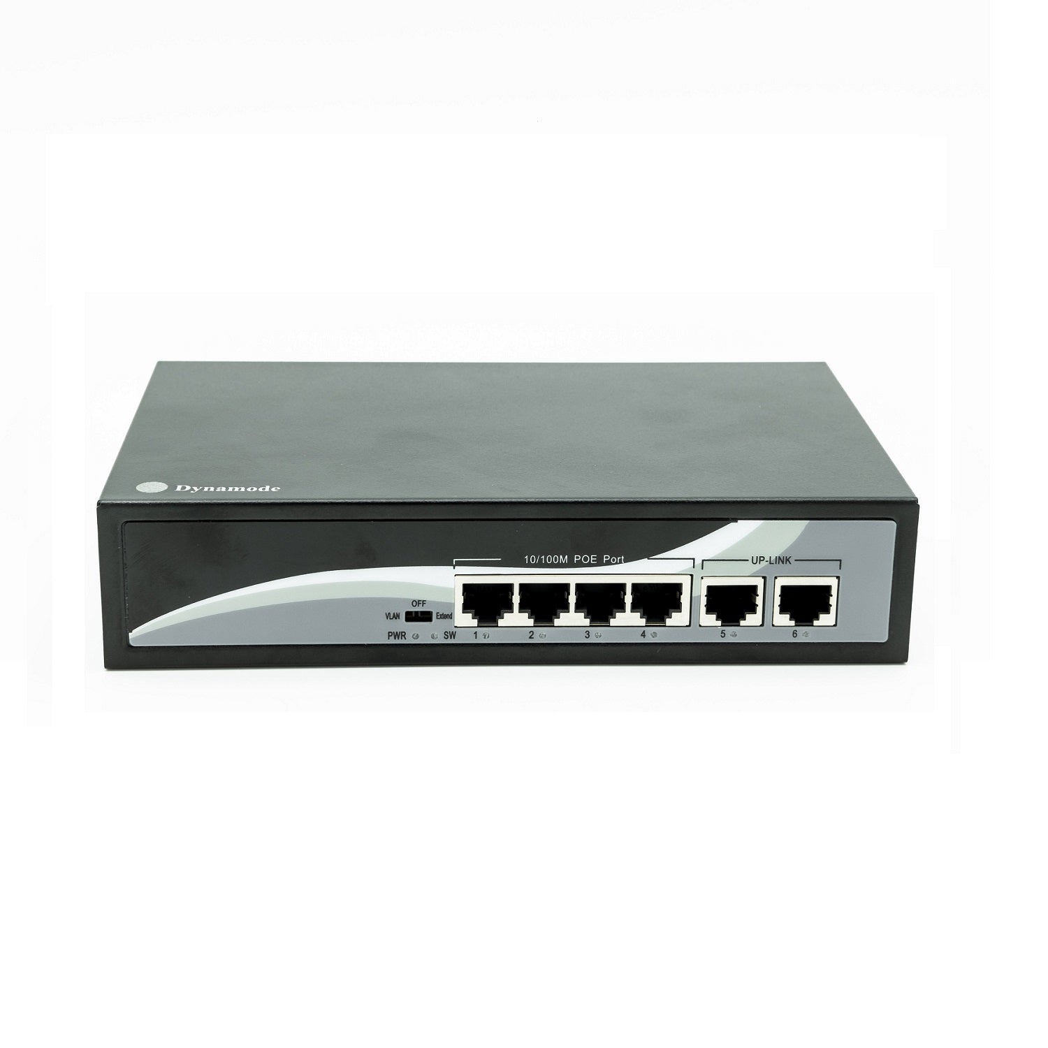 4-Port 10/100 Mbps Fast Ethernet speeds PoE Switch (Desktop or wall-mounted) showing its 4 ethernet with 2 Uplinks ports and its LED indicators.