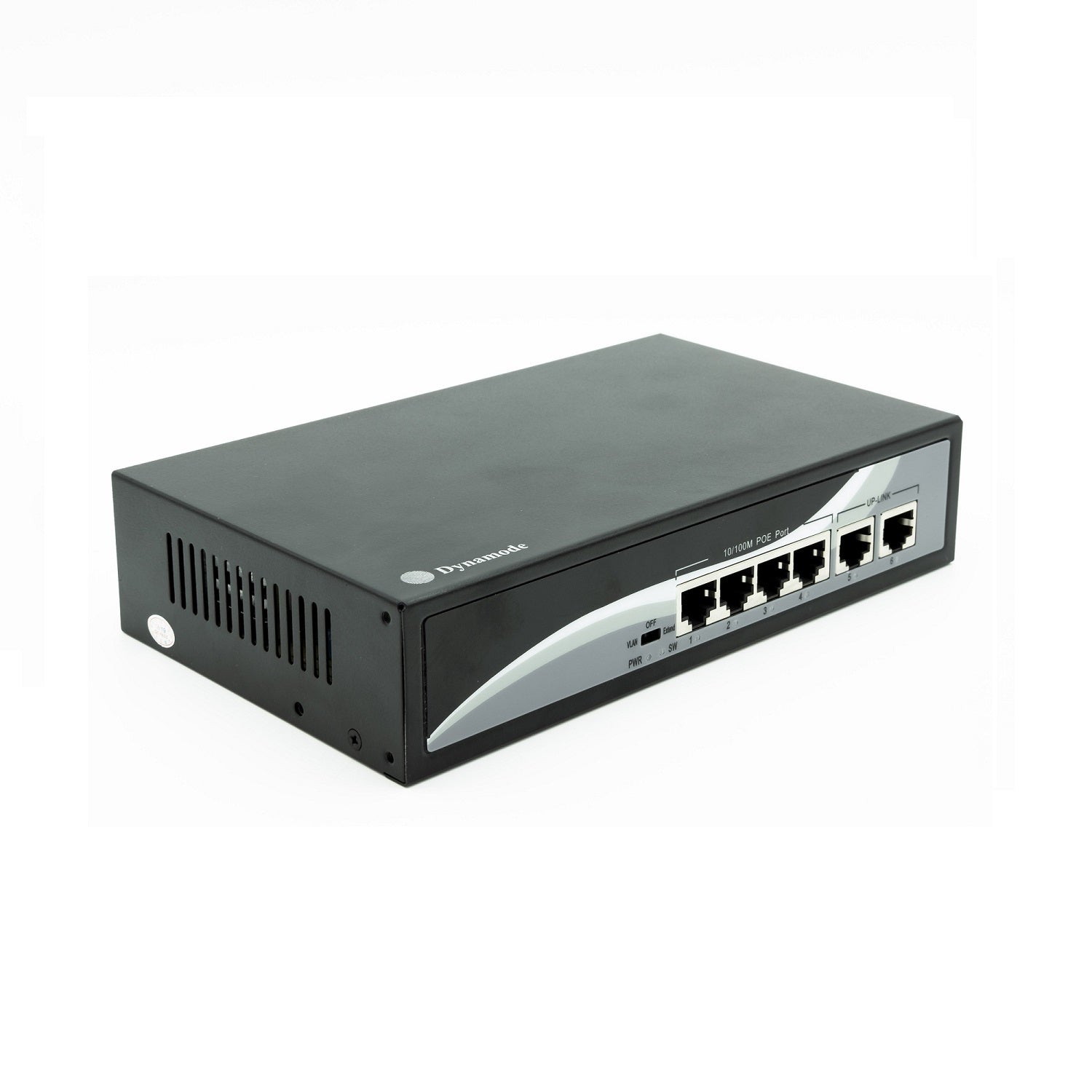 Isometric view of a 4-Port 10/100 Mbps Fast Ethernet PoE Switch (Desktop or wall-mounted) showing its 4 ethernet with 2 Uplinks ports, its power port and vented left side panel.