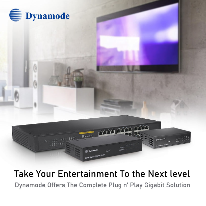 The Dynamode Fast and Gigabit Network Ethernet Switches / PoE Switches product range is advertised for entertainment applications.