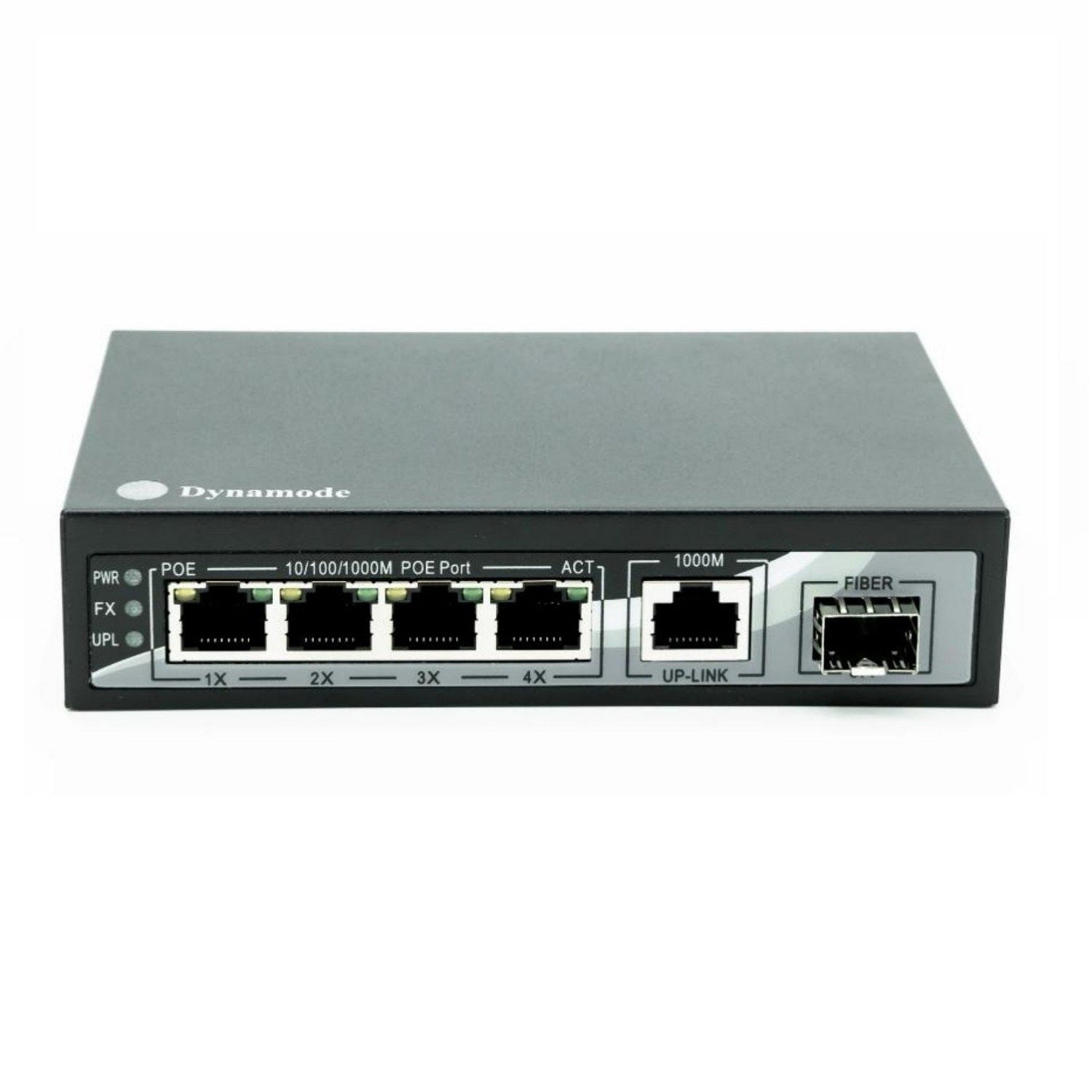 4-Port 10/100/1000 Mbps Gigabit Ethernet PoE Ethernet Switch (Desktop or wall-mounted) showing its 4 Ethernet with 1 Uplink and SFP ports.