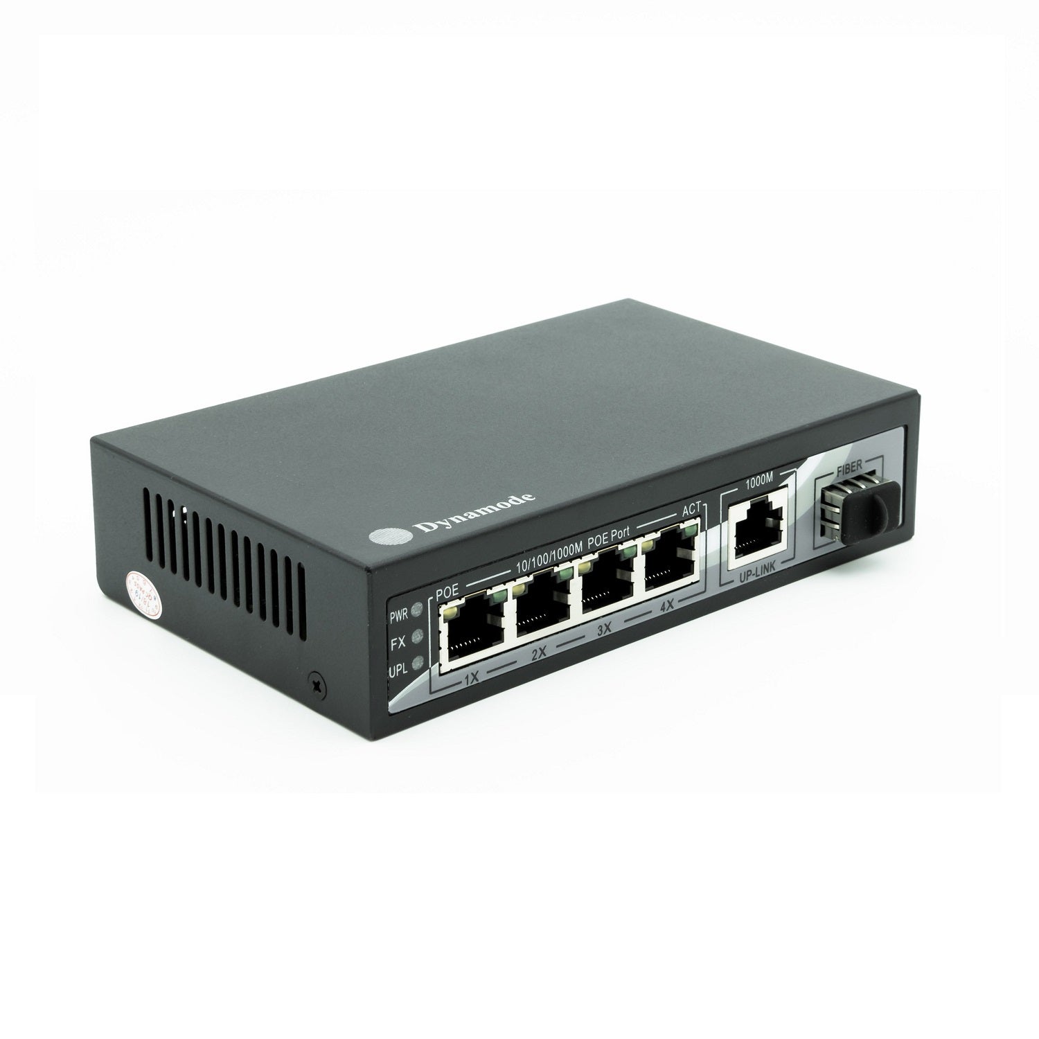 Isometric view of a 4-Port 10/100/1000 Mbps Gigabit Ethernet PoE Ethernet Switch (Desktop or wall-mounted) showing its 4 Ethernet with 1 Uplink and SFP port and vented left side panel.