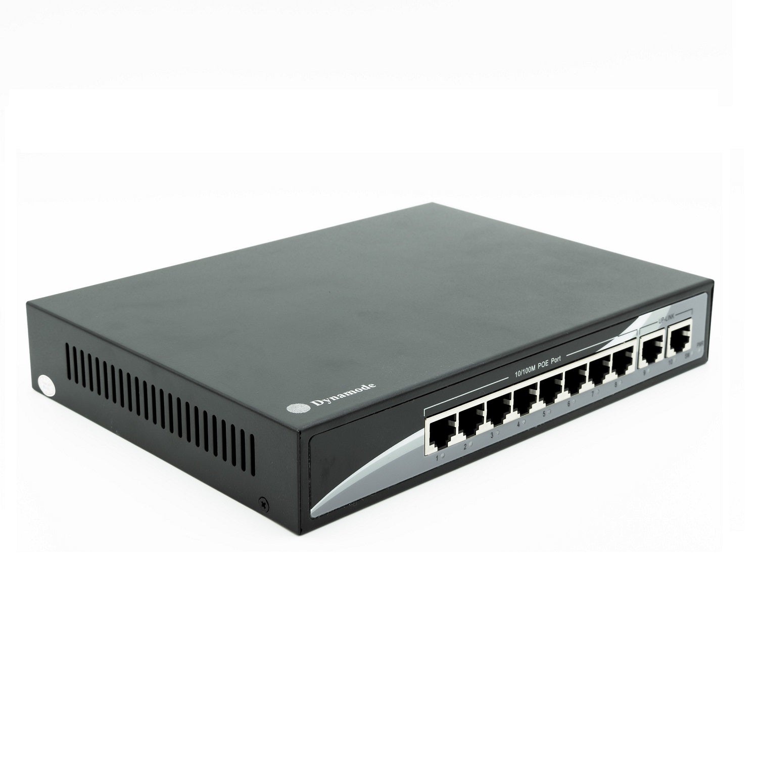 Isometric view of an 8-Port 10/100 Mbps Fast Ethernet PoE Ethernet Switch (Desktop or wall-mounted) showing its 8 ethernet with 2 Uplink ports and vented left side panel.