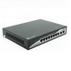 Isometric view of an 8-Port 10/100 Mbps Fast Ethernet PoE Switch (Desktop or wall-mounted) showing its 8 ethernet with 2 Uplink ports and vented left side panel.