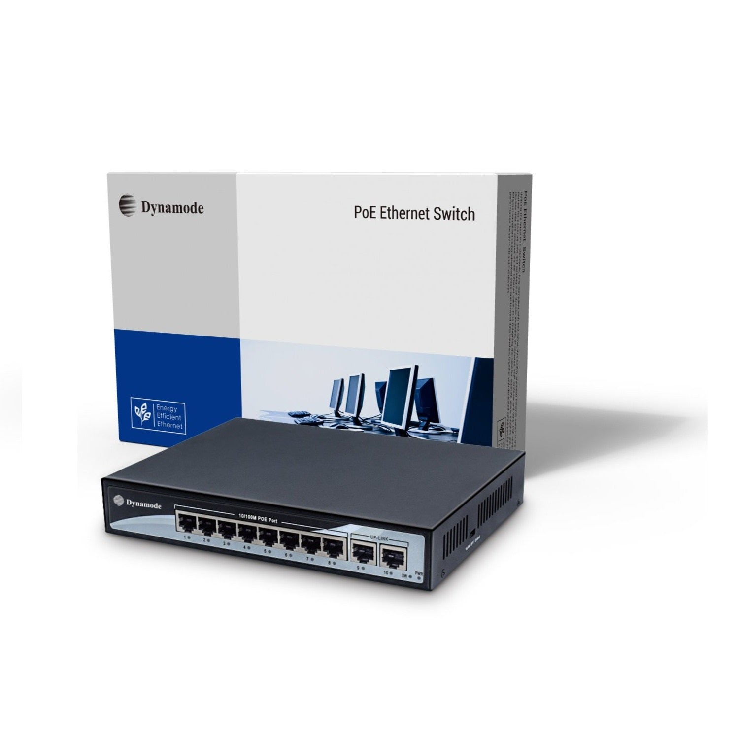 Dynamode 8-Port 10/100 Mbps Fast Ethernet PoE Switch with 2 Uplinks and its box packaging standing behind.