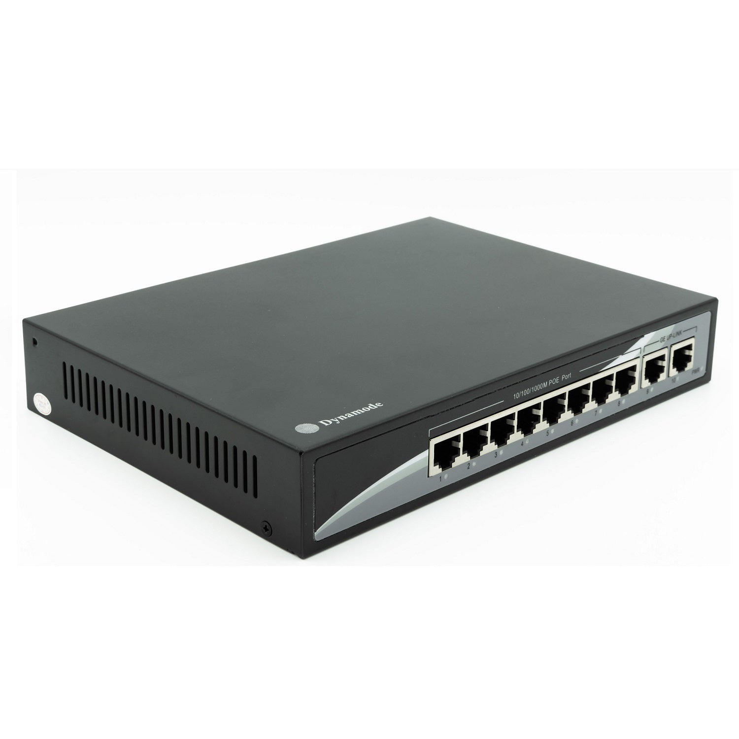 Isometric front view of an 8-port 10/100/1000 Mbps network speeds Gigabit PoE Ethernet Switch with 2 uplinks. 