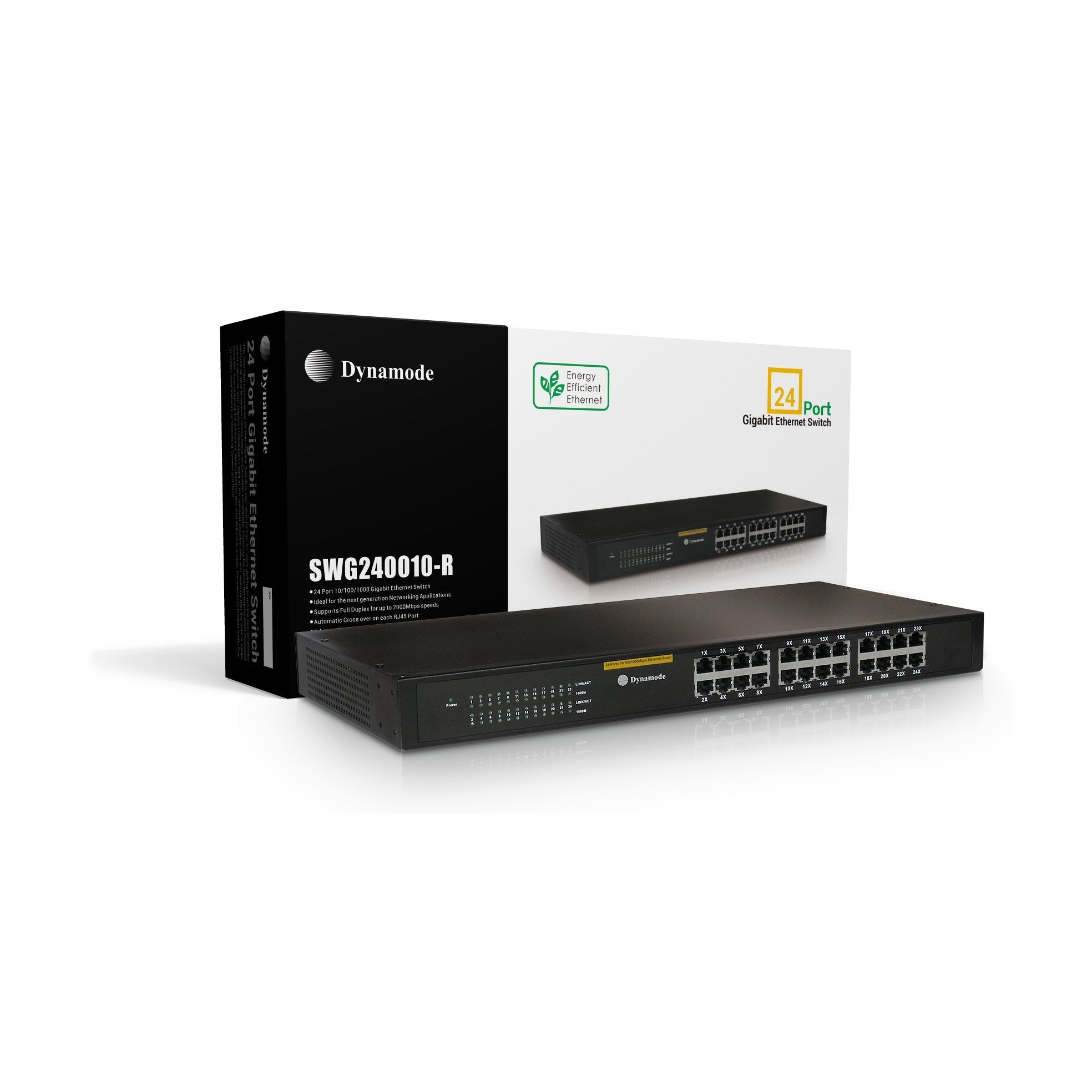 A Rackmount 24-port Gigabit Network Ethernet Switch with network speed of 10/100/1000 Mbps shown with its box packaging.