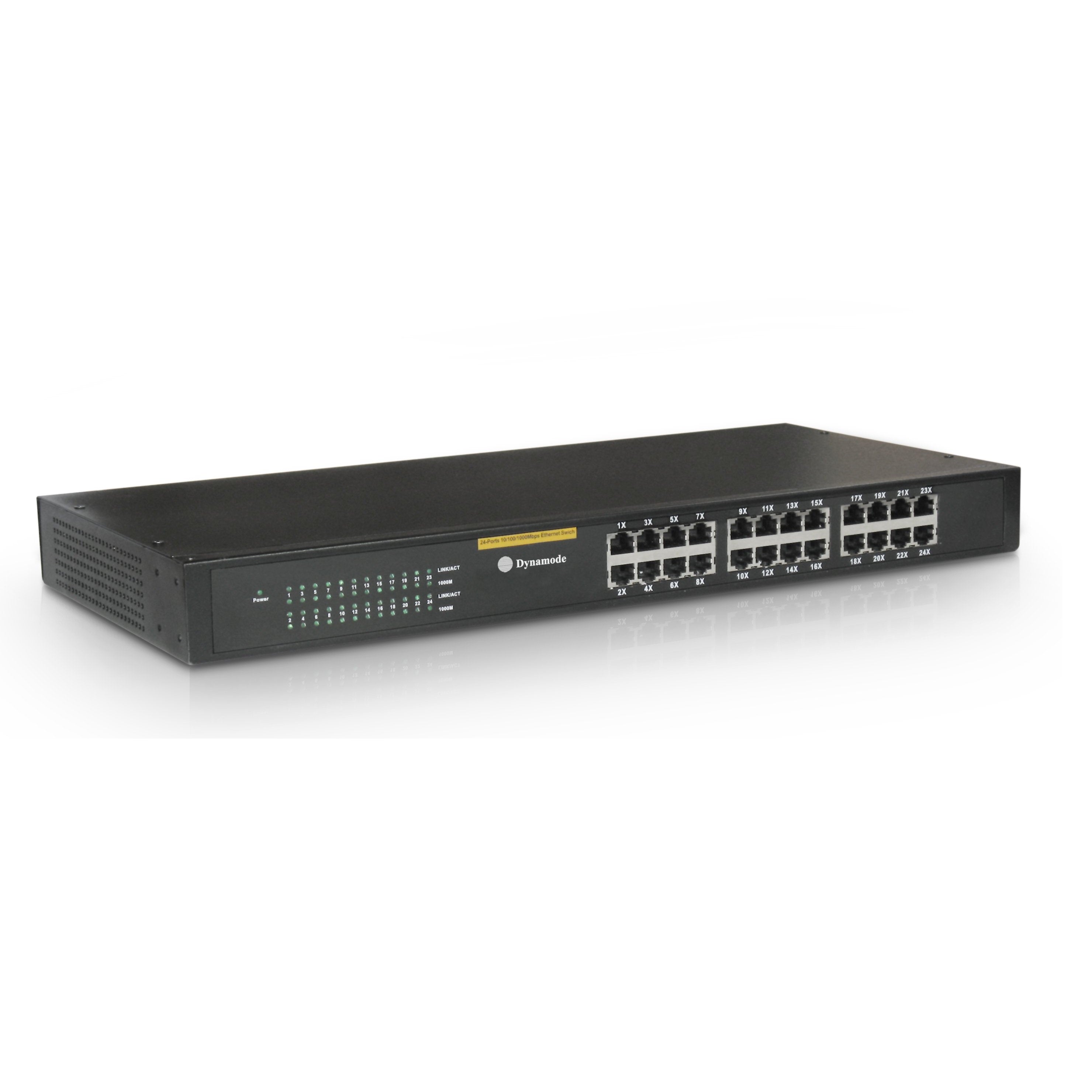 Front view of a Rackmount  24-port Gigabit Network Ethernet Switch with network speed of 10/100/1000 Mbps.