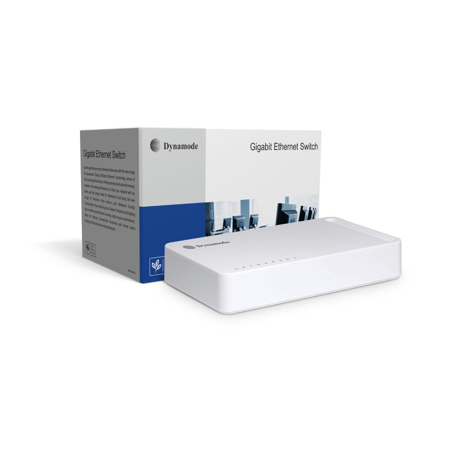 8-Port 10/100/1000 Mbps Gigabit Ethernet Switch (Desktop or wall mount) shown with box packaging.